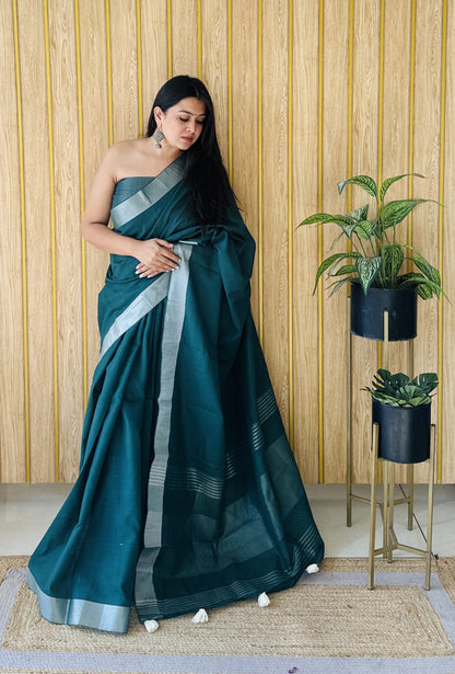 Rama Green Linen Cotton Saree With Silver Zari Border