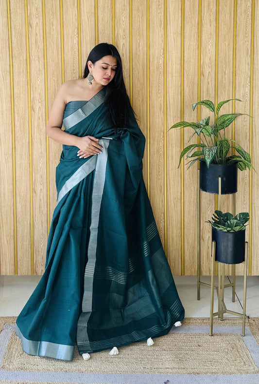Rama Green Linen Cotton Saree With Silver Zari Border