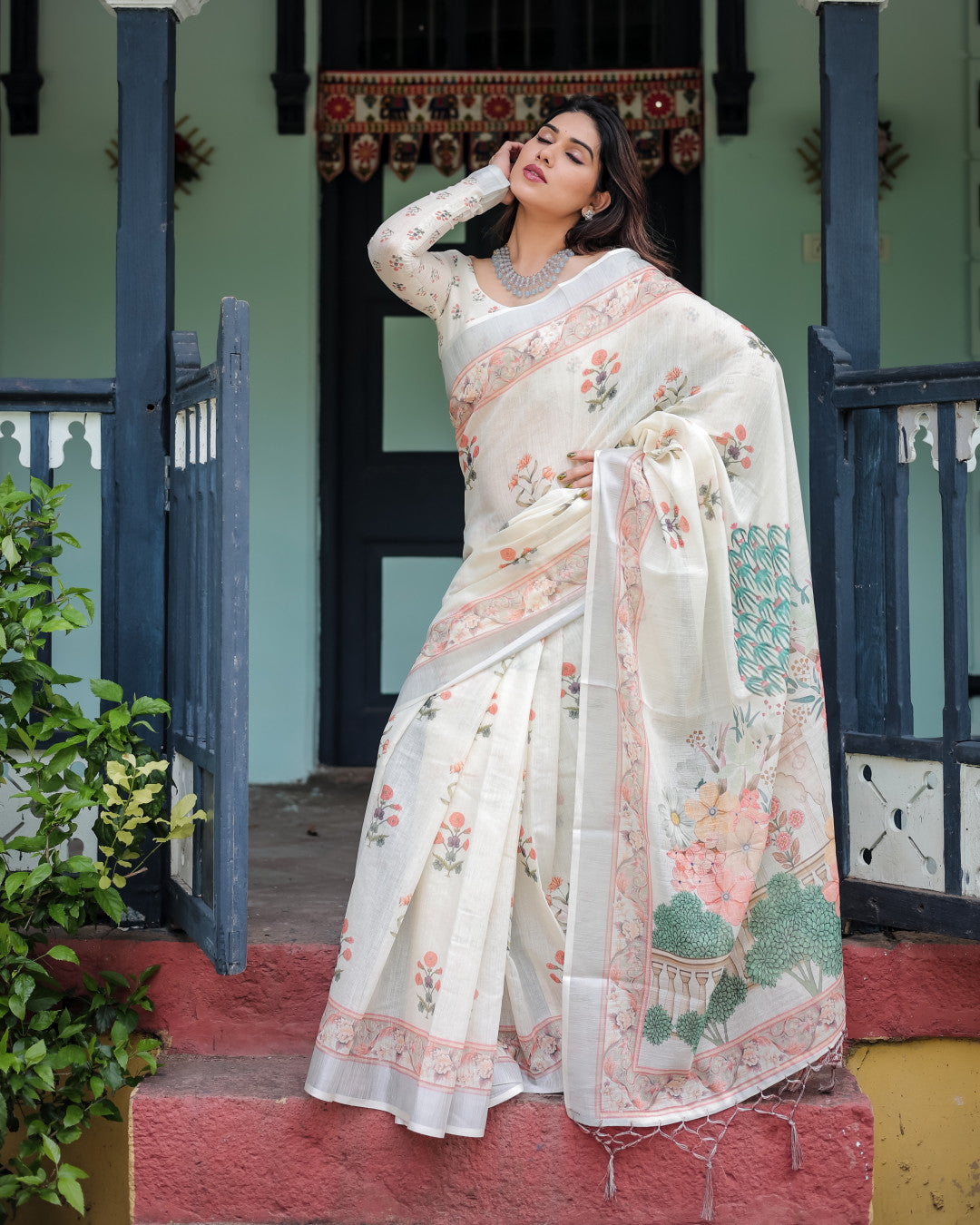 Off White Summer Special Digital Printed Linen Cotton Saree