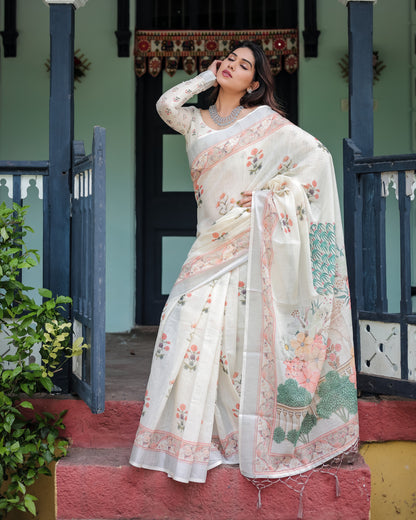 Off White Summer Special Digital Printed Linen Cotton Saree