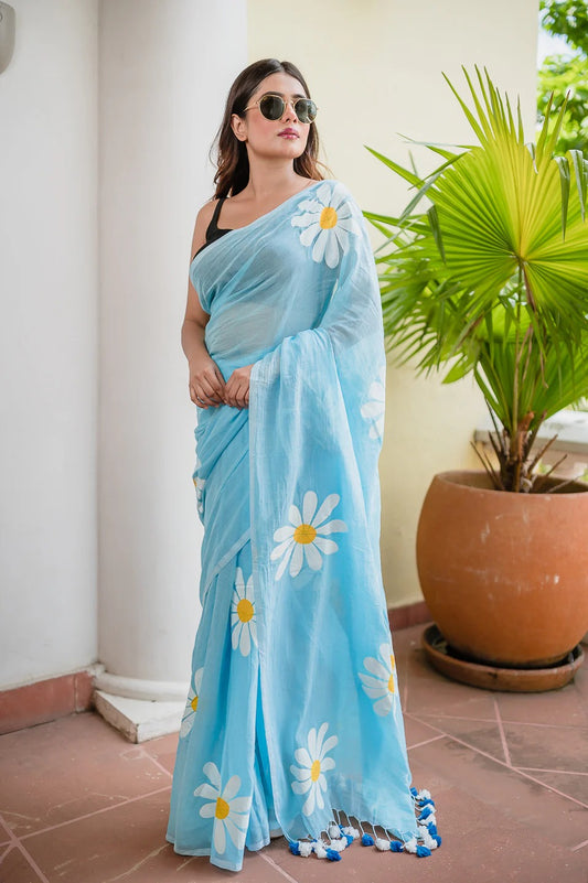 Sky Blue Fancy Khadi Cotton Saree With Flower Printed Work