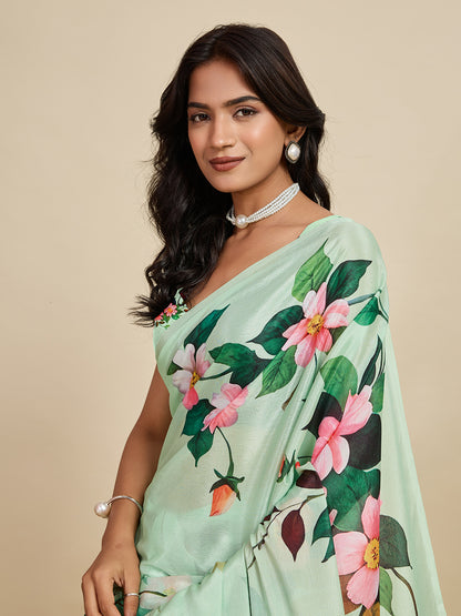 Sea Green Soft Chinnon Silk Saree With Digital Printed Work