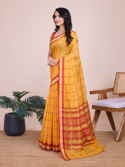 Yellow Kota Doriya Saree With Zari Weaving Work