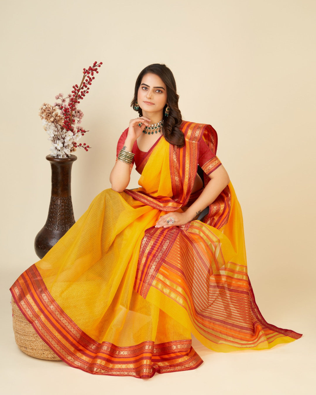 Yellow Color Doriya Cotton Saree With Woven Design