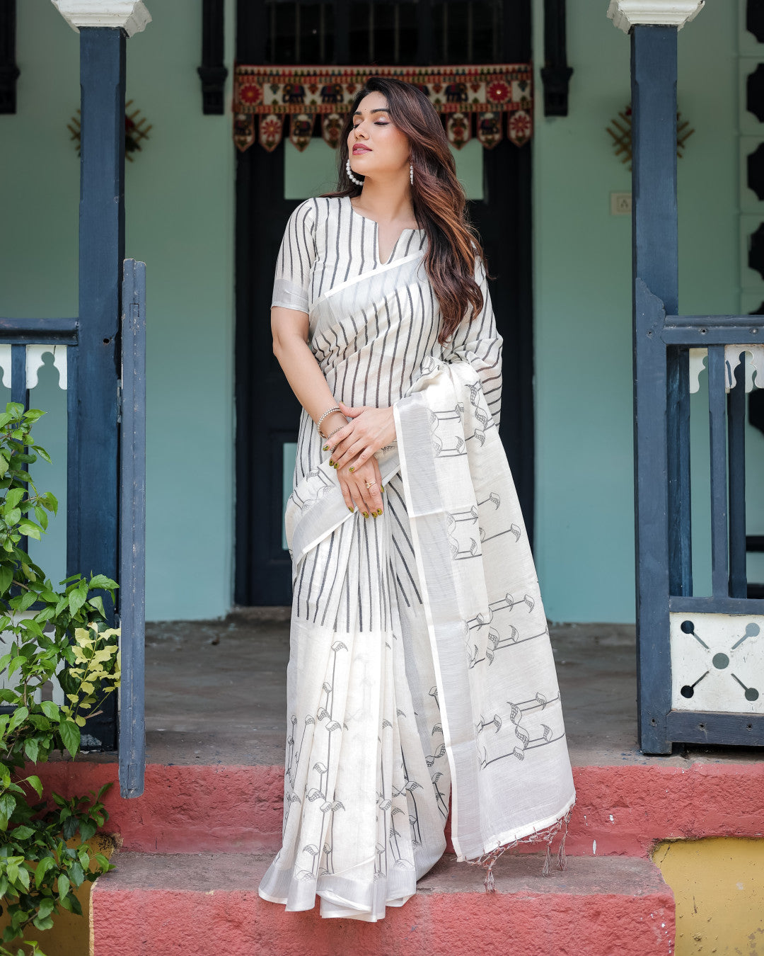 White Summer Special Digital Printed Linen Cotton Saree