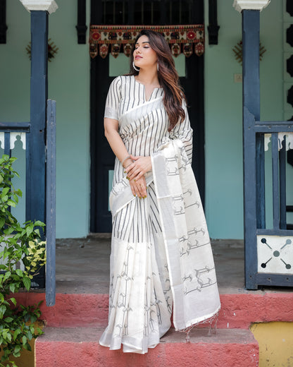 White Summer Special Digital Printed Linen Cotton Saree