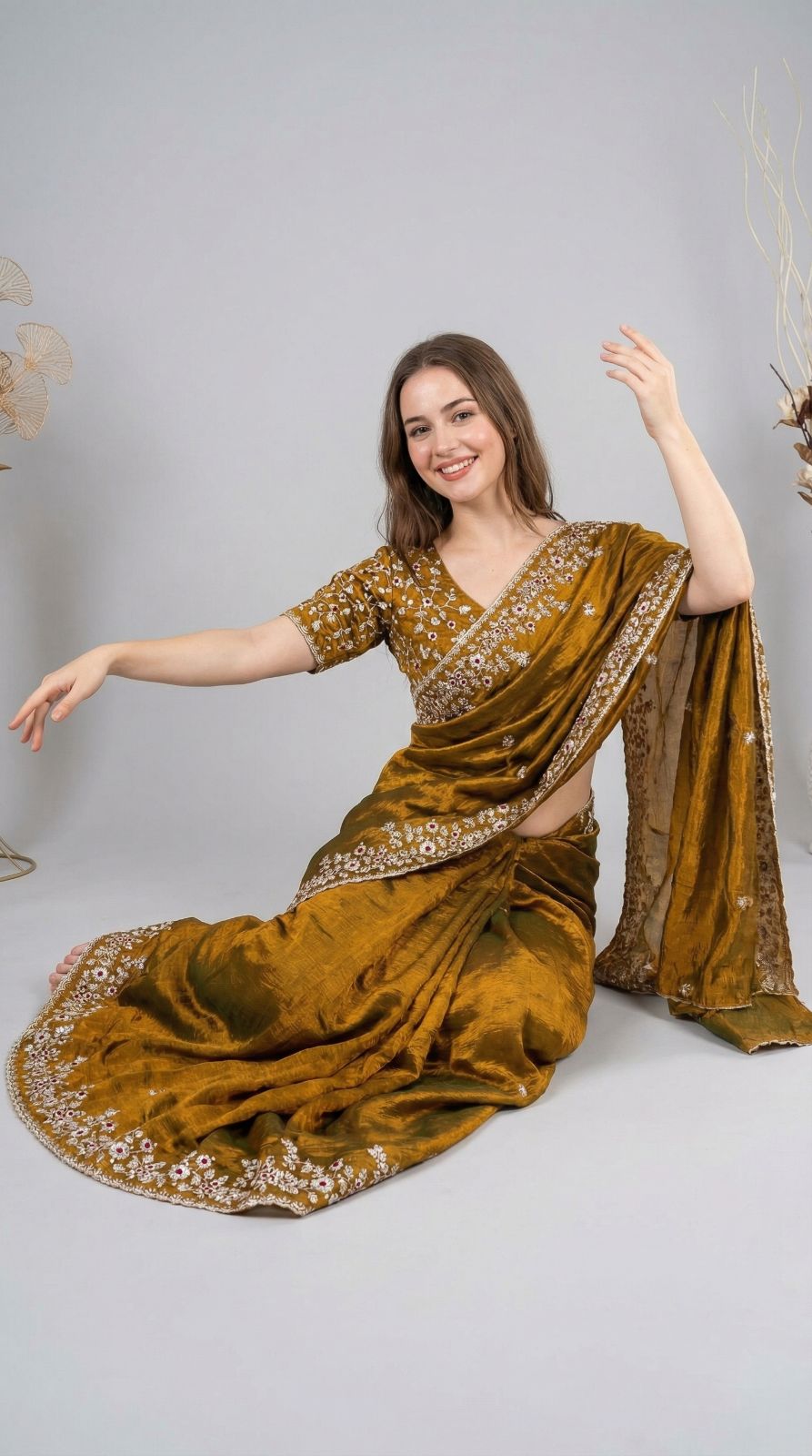 Mahendi Green Fandy Chiffon Silk Saree With Sequin Work & Cut Work Border | Party & Reception Wear – JaipurSaaj