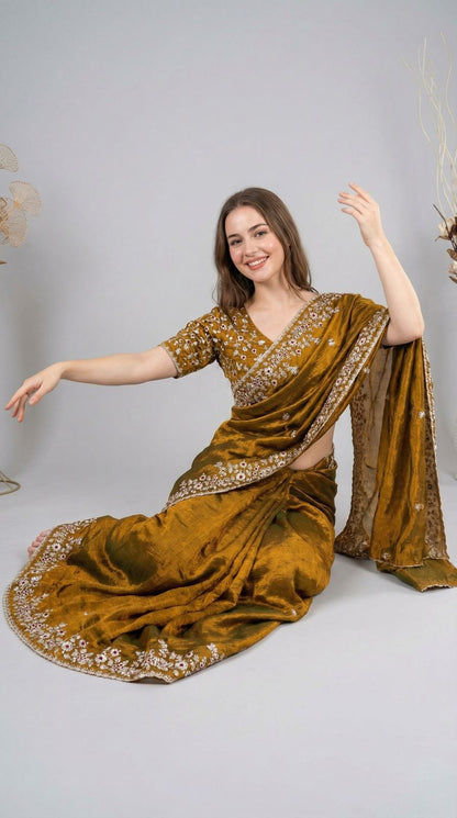 Mahendi Green Fandy Chiffon Silk Saree With Sequin Work & Cut Work Border | Party & Reception Wear – JaipurSaaj