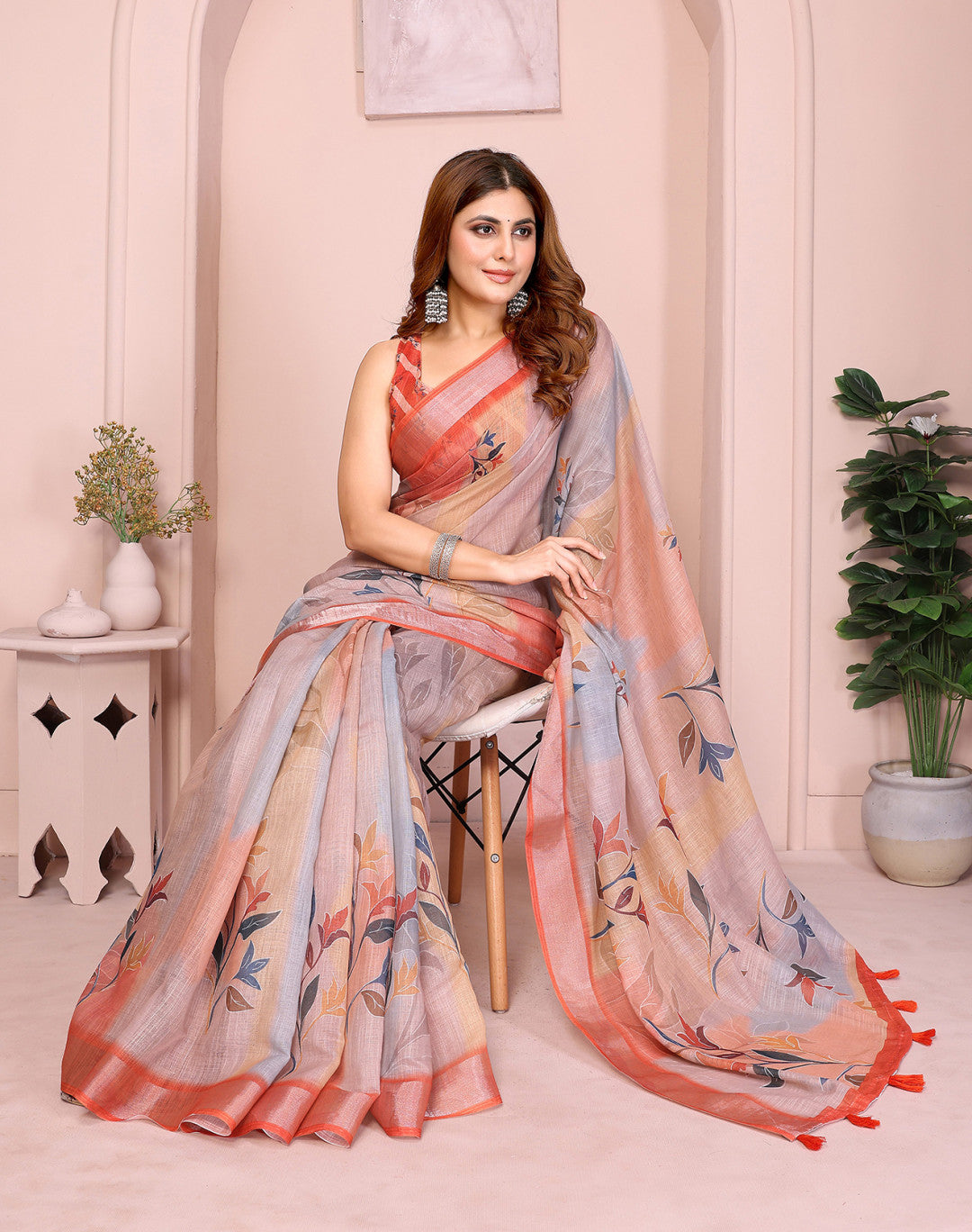 Multi Color Linen Cotton Saree With Digital Printed Work And Silver Zari Border