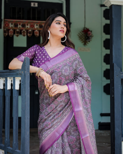 Magenta Summer Special Digital Printed Linen Cotton Saree