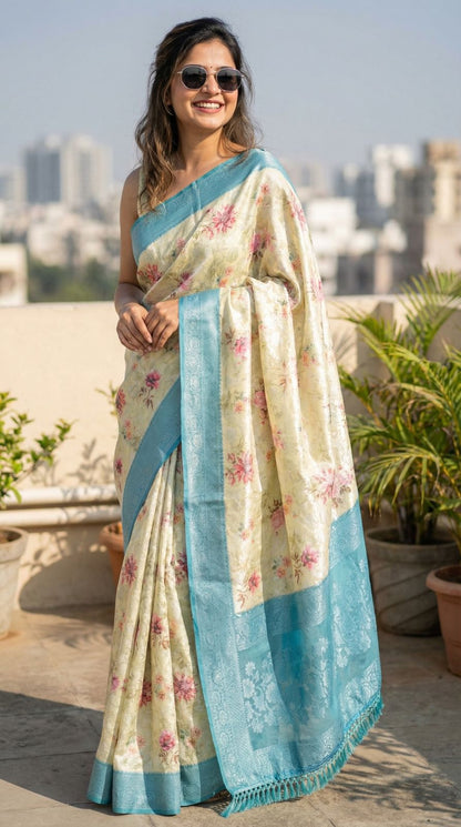 Pista Green Brasso Silk Saree With Floral Print & Pink Zari Border | Party & Festive Wear – JaipurSaaj