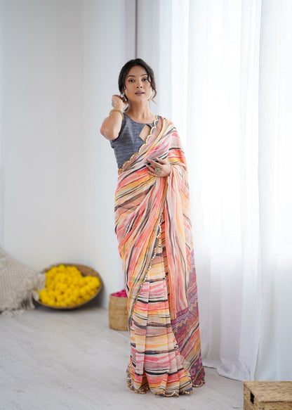 Multi Georgette Saree With Printed And Mirror Work With Arco Border
