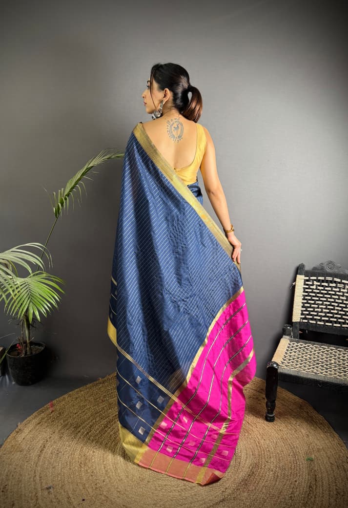 Navy Blue Soft Cotton Silk Saree With Zari Weaving Work