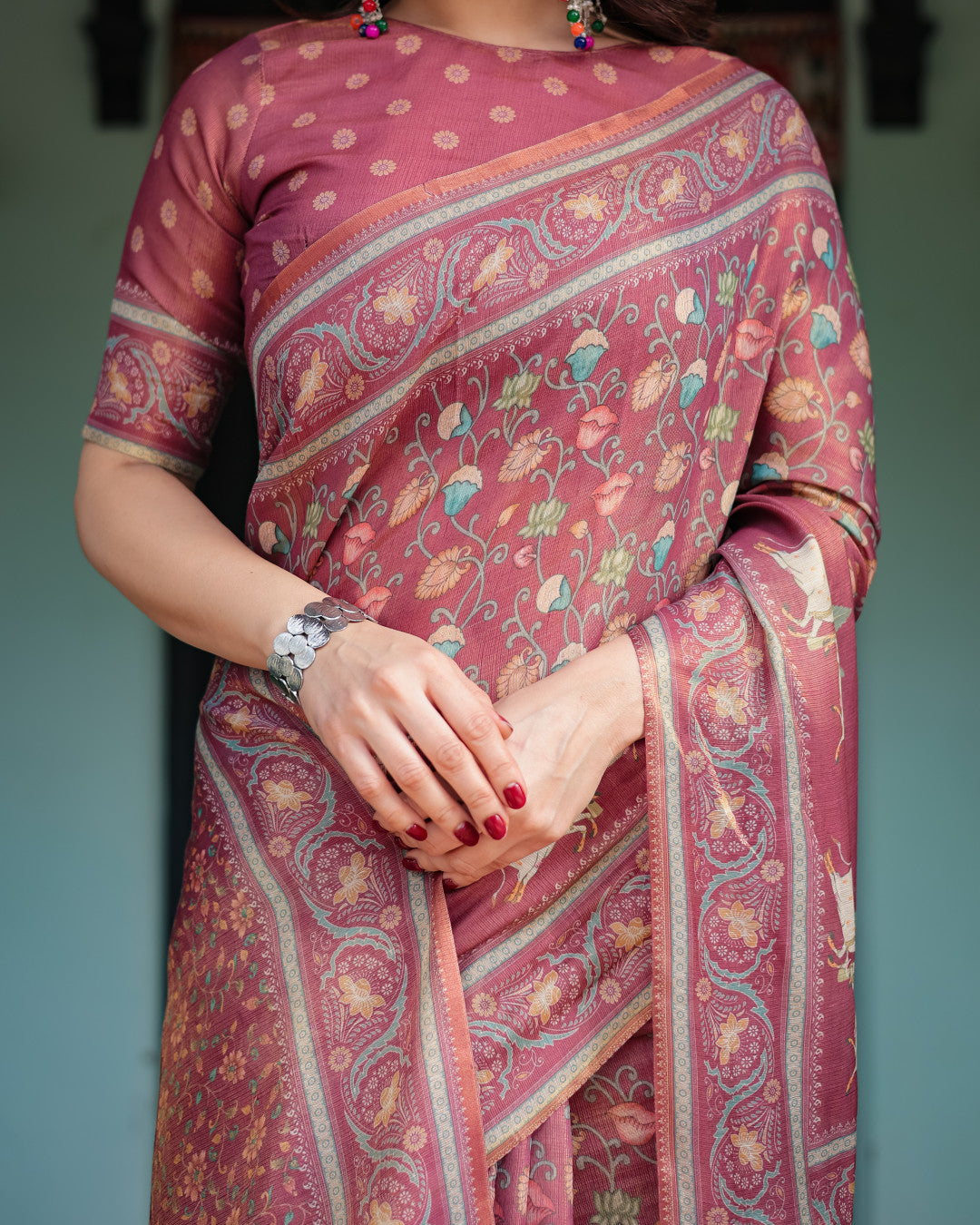 Maroon Soft Linen Cotton Saree with Kalamkari Printed Work | Summer Casual & Ethnic Wear – JaipurSaaj