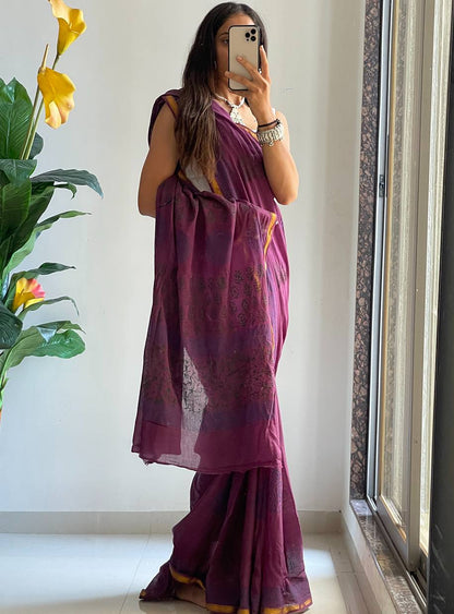 Purple Muslin Cotton Silk Saree With Hand Block Print & Zari Border | Ethnic Wear – JaipurSaaj
