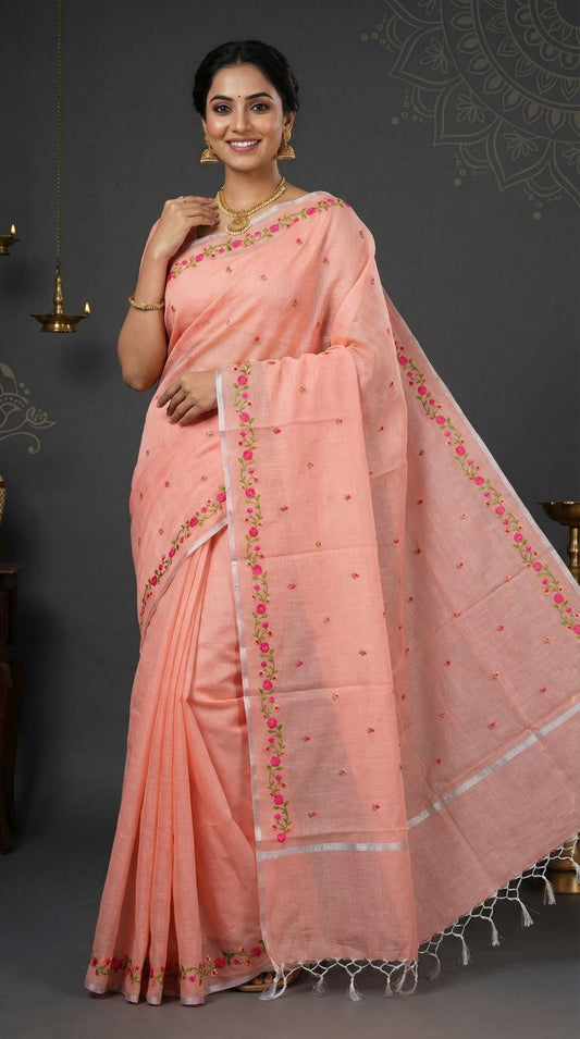 Peach Kota Doriya Saree With Silver Zari Border & Floral Embroidery | Festive Ethnic Wear – JaipurSaaj
