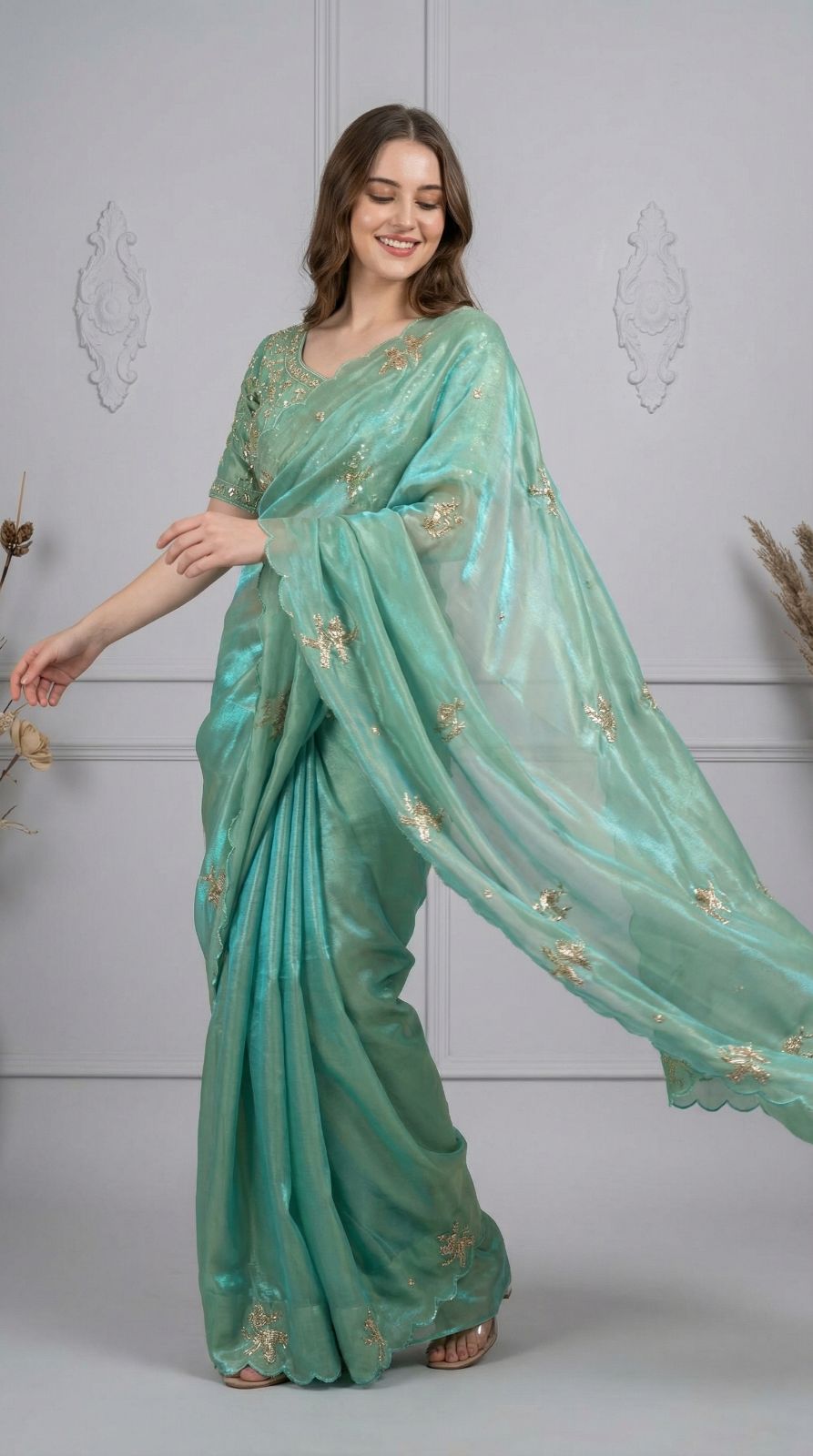 Firoji Fandy Satin Silk Saree With Heavy Shine Hand Work & Cutwork Border | Wedding & Party Wear - JaipurSaaj