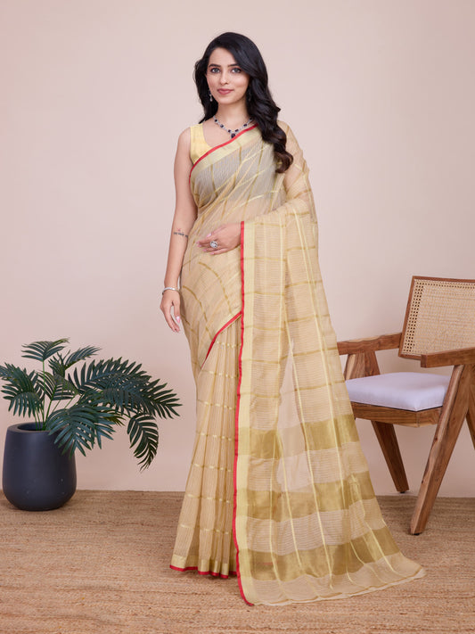 Beige Kota Doriya Saree With Zari Weaving Work