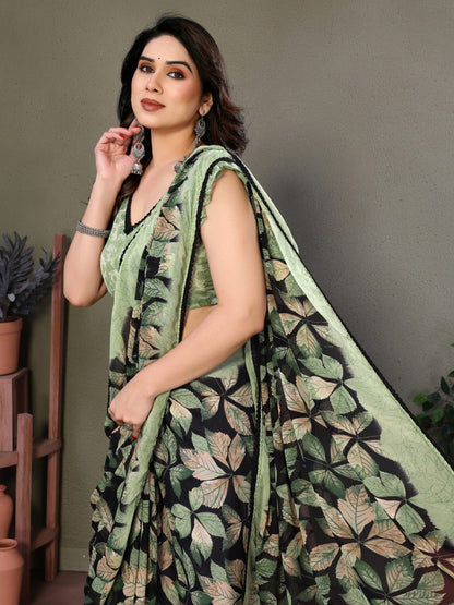 Green Soft Chiffon Saree With Printed Work And Lace Border
