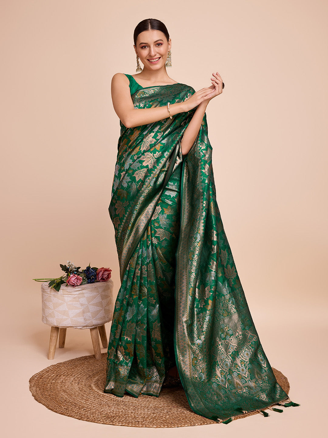 Golden & Copper Zari Weaving With Green Soft Silk Banarasi Saree | Party & Wedding Wear - JaipurSaaj