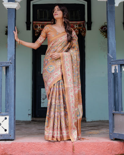 Multi Color Kalamkari Digital Printed Linen Cotton Saree | Summer Casual & Ethnic Wear – JaipurSaaj