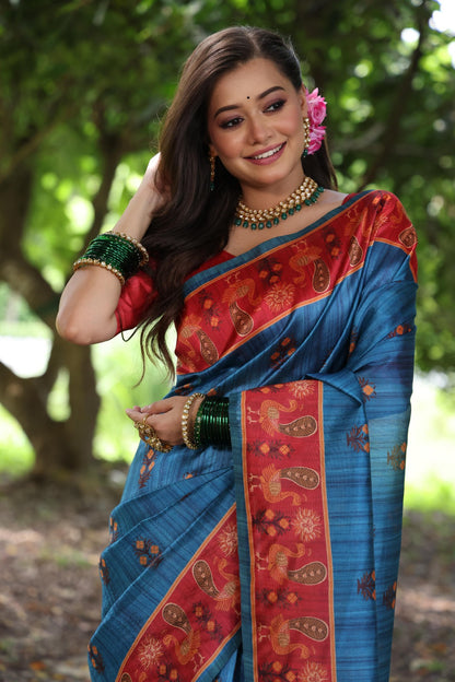 Firoji Peacock Printed Tussar Silk Saree | Traditional Festive Ethnic Wear – JaipurSaaj