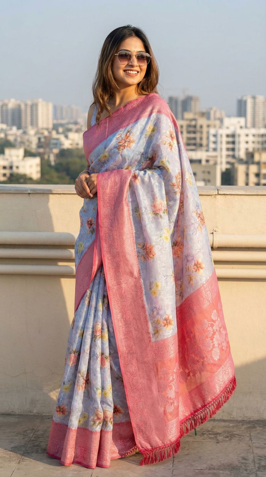 Lavender Brasso Silk Saree With Floral Print & Pink Zari Border | Party & Festive Wear – JaipurSaaj