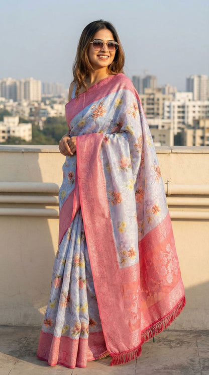 Lavender Brasso Silk Saree With Floral Print & Pink Zari Border | Party & Festive Wear – JaipurSaaj