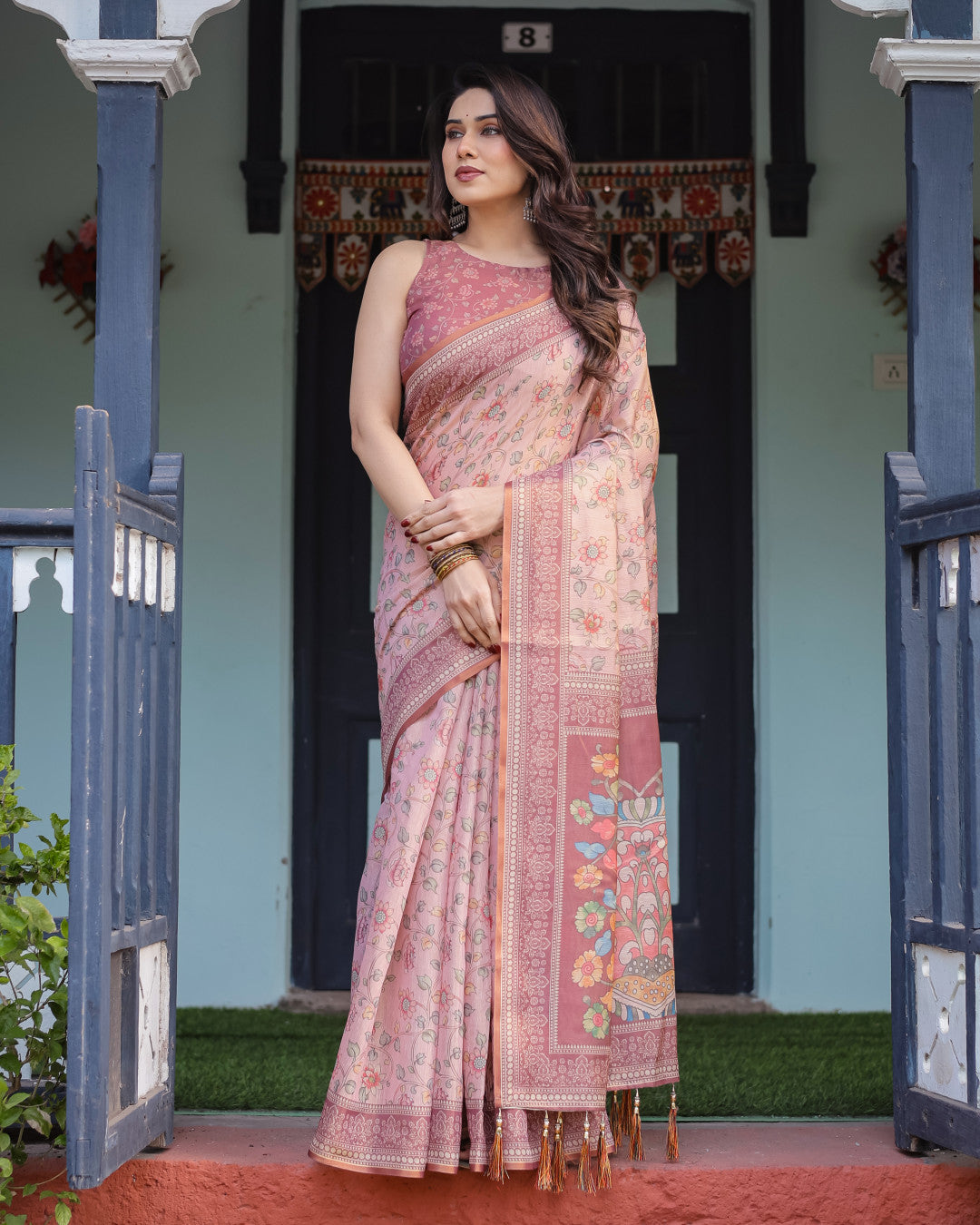 Baby Pink Soft Linen Cotton Saree With Kalamkari Printed Work