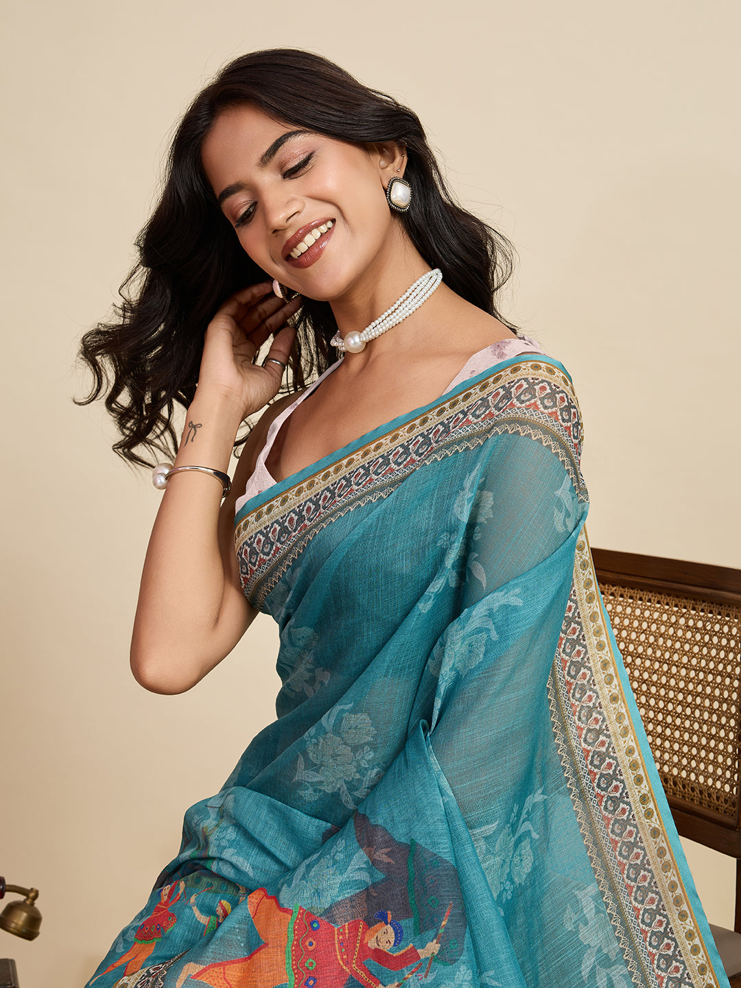 Rama Green Linen Cotton Saree With Digital Printed Work And Silver Zari Border | Lightweight Festive & Party Wear – JaipurSaaj