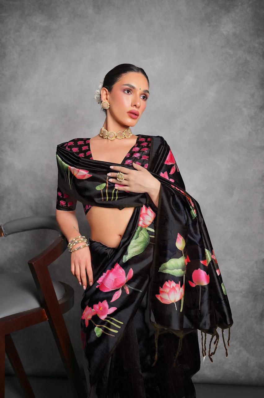 Black Tussar Silk Saree with Lotus Floral Printed Work | Festive & Party Wear – JaipurSaaj