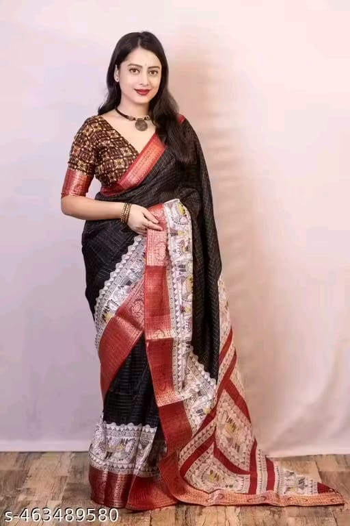 Black Dola Silk Saree With Beautiful Madhubani Printed Pallu Work