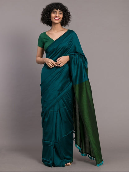 Firoji Color Plain Khadi Cotton Saree With Fancy Tassel Work