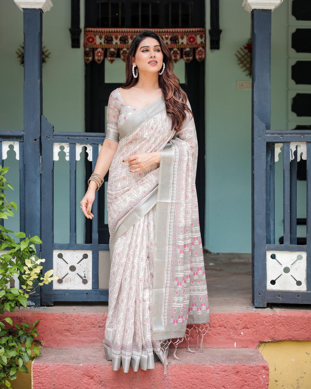 Gray Summer Special Digital Printed Linen Cotton Saree