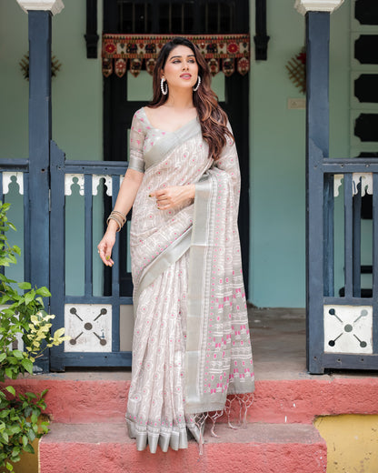 Gray Summer Special Digital Printed Linen Cotton Saree
