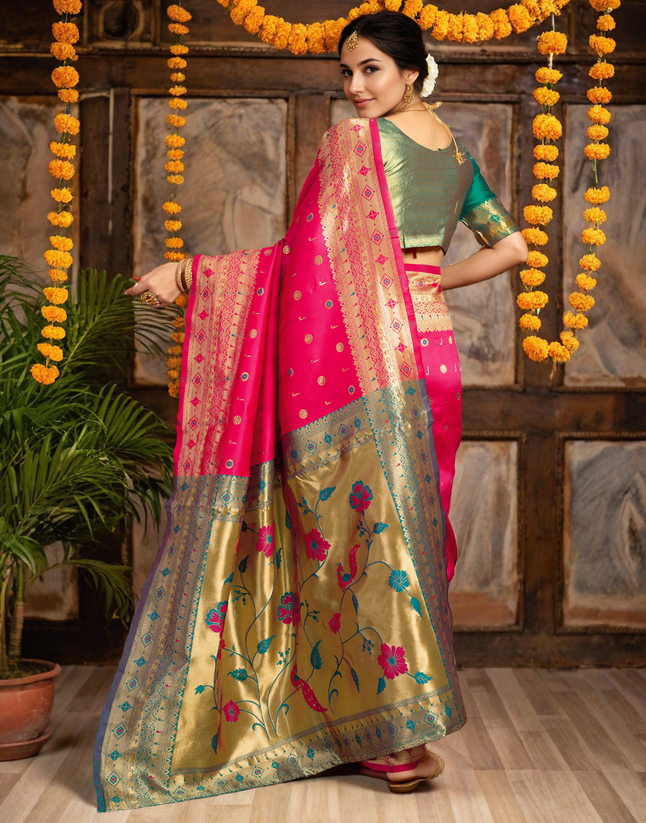 Traditional Pink Paithani Silk Saree With Zari Weaving Work
