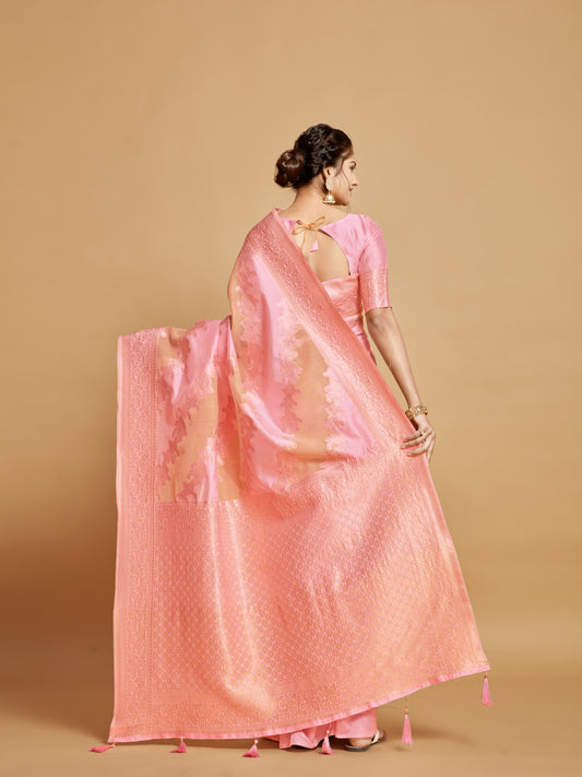 Light Baby Pink Color Soft Linen Silk Saree With Zari Weaving Work