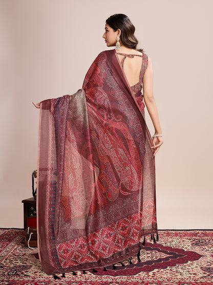 Multi Soft Linen Cotton Saree With Kalamkari Printed Work