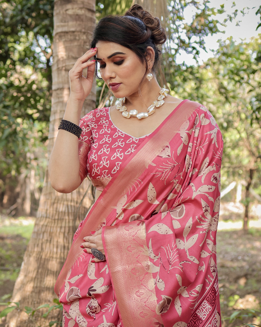 Pink Tussar Silk Saree with Floral Woven Motifs & Zari Border | Traditional Festive Wear – JaipurSaaj
