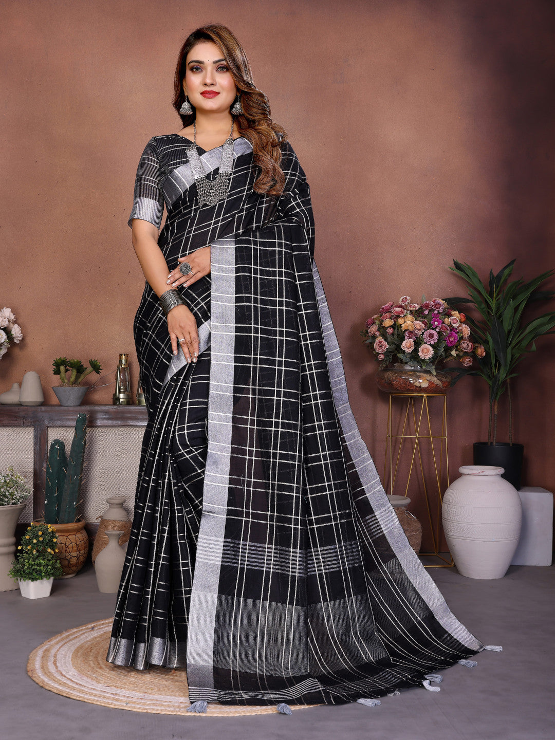 Black Linen Cotton Saree With Silver Zari Border