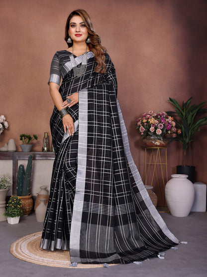Black Linen Cotton Saree With Silver Zari Border