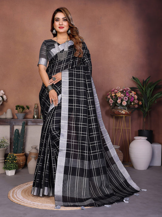 Black Linen Cotton Saree With Silver Zari Border