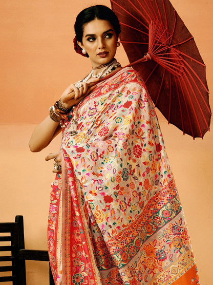 White Pashmina Silk Saree With Traditional Woven Design | Festive & Wedding Wear – JaipurSaaj