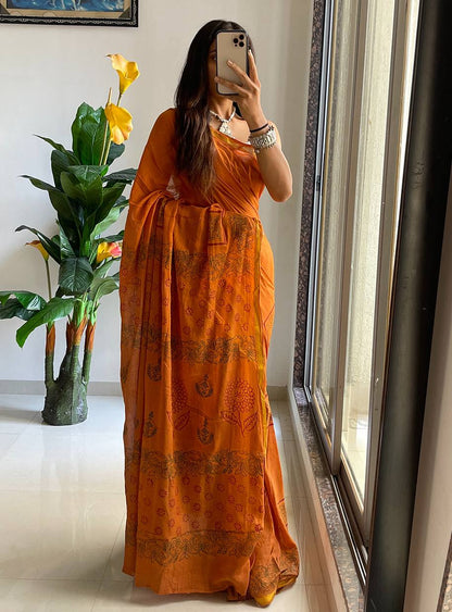 Orange Muslin Cotton Silk Saree With Hand Block Print & Zari Border | Ethnic Wear – JaipurSaaj