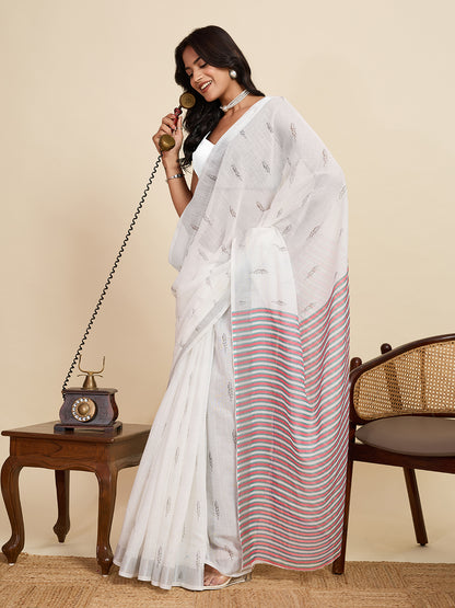 White Linen Cotton Saree With Digital Printed Work And Silver Zari Border