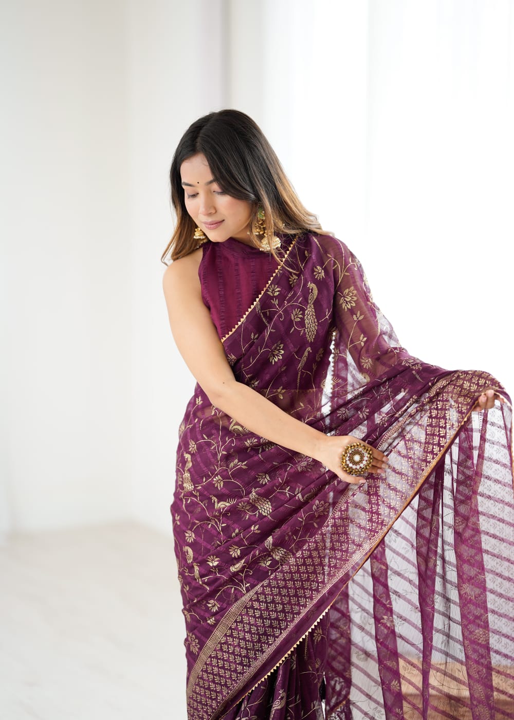 Wine Color Georgette Saree With Digital Printed Work And Lace Border