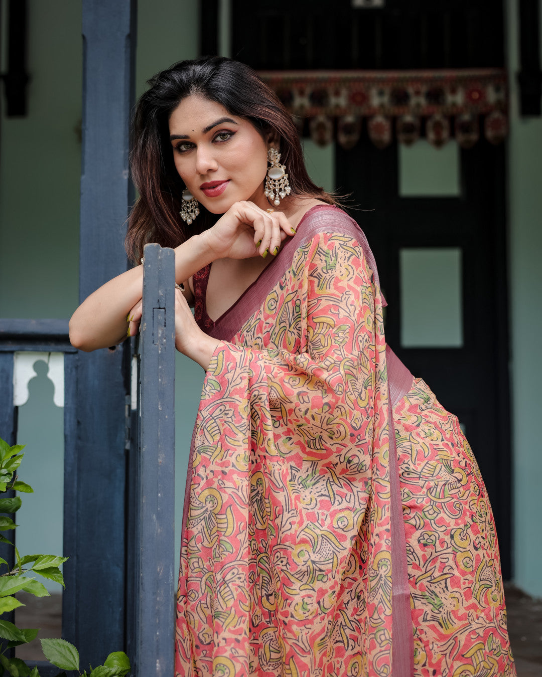 Beige Floral Digital Printed Linen Cotton Saree