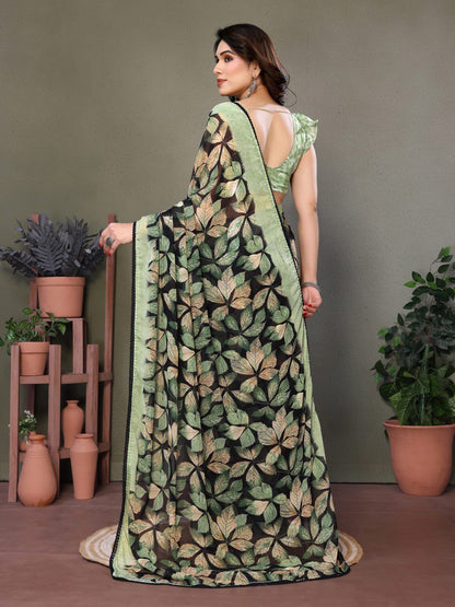 Green Soft Chiffon Saree With Printed Work And Lace Border
