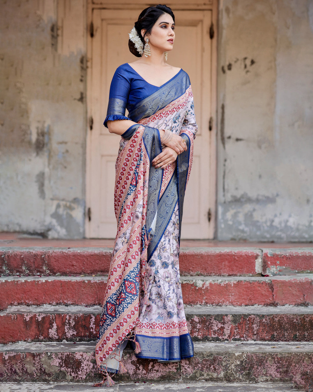 Multi Color Digital Printed Tussar Silk Saree With Zari Motif Border | Traditional Festive Ethnic Wear – JaipurSaaj