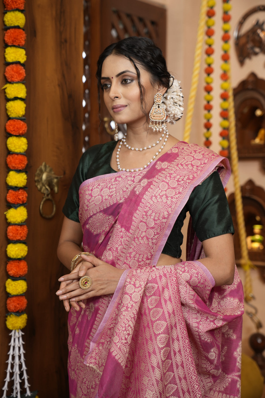 Pink Soft Cotton Saree With Lucknowi Work